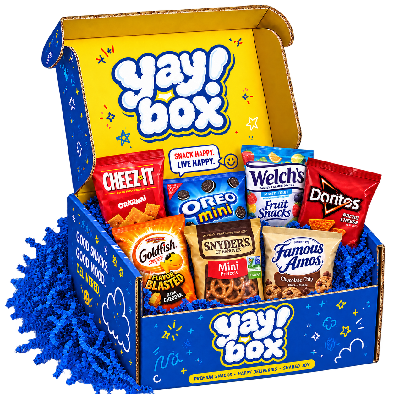 Open YAY! BOX snack box filled with assorted snacks and blue crinkle paper